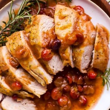 close up photo of white plate with sliced turkey breast and cranberry sauce