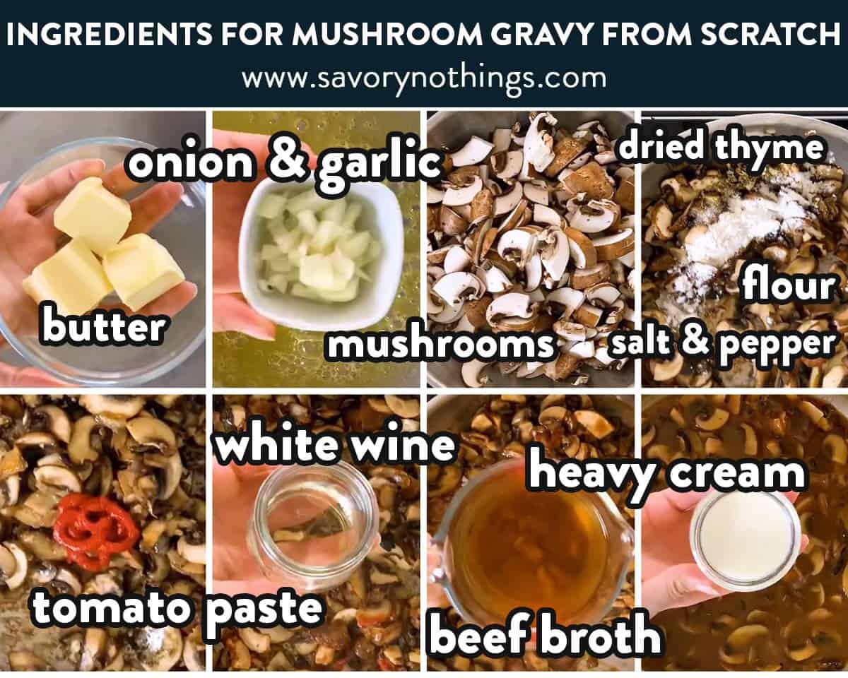 collage of ingredients to make mushroom sauce with text labels