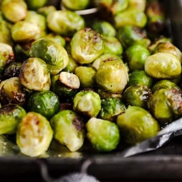 close up photo of garlic Roasted Brussels sprouts