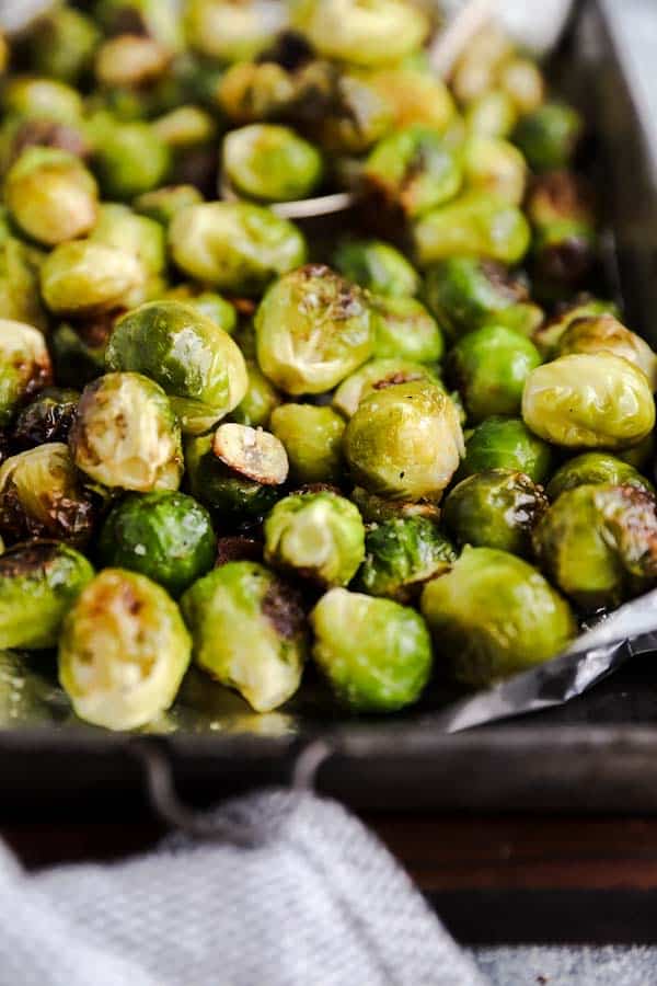 close up photo of garlic Roasted Brussels sprouts