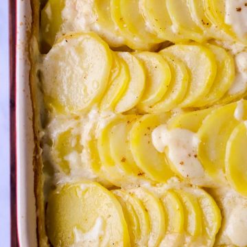 baking dish with scalloped potatoes