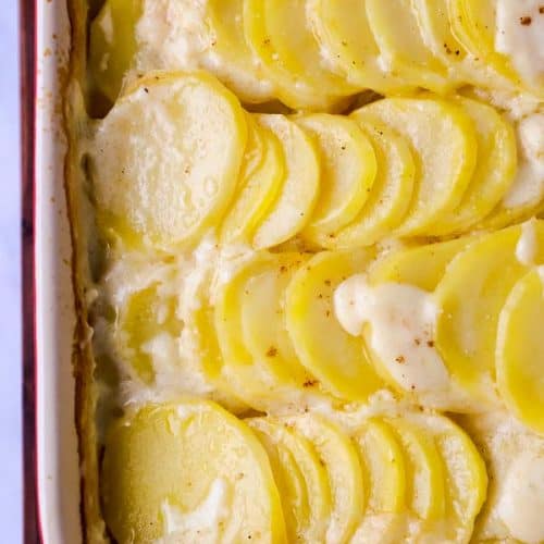 baking dish with scalloped potatoes