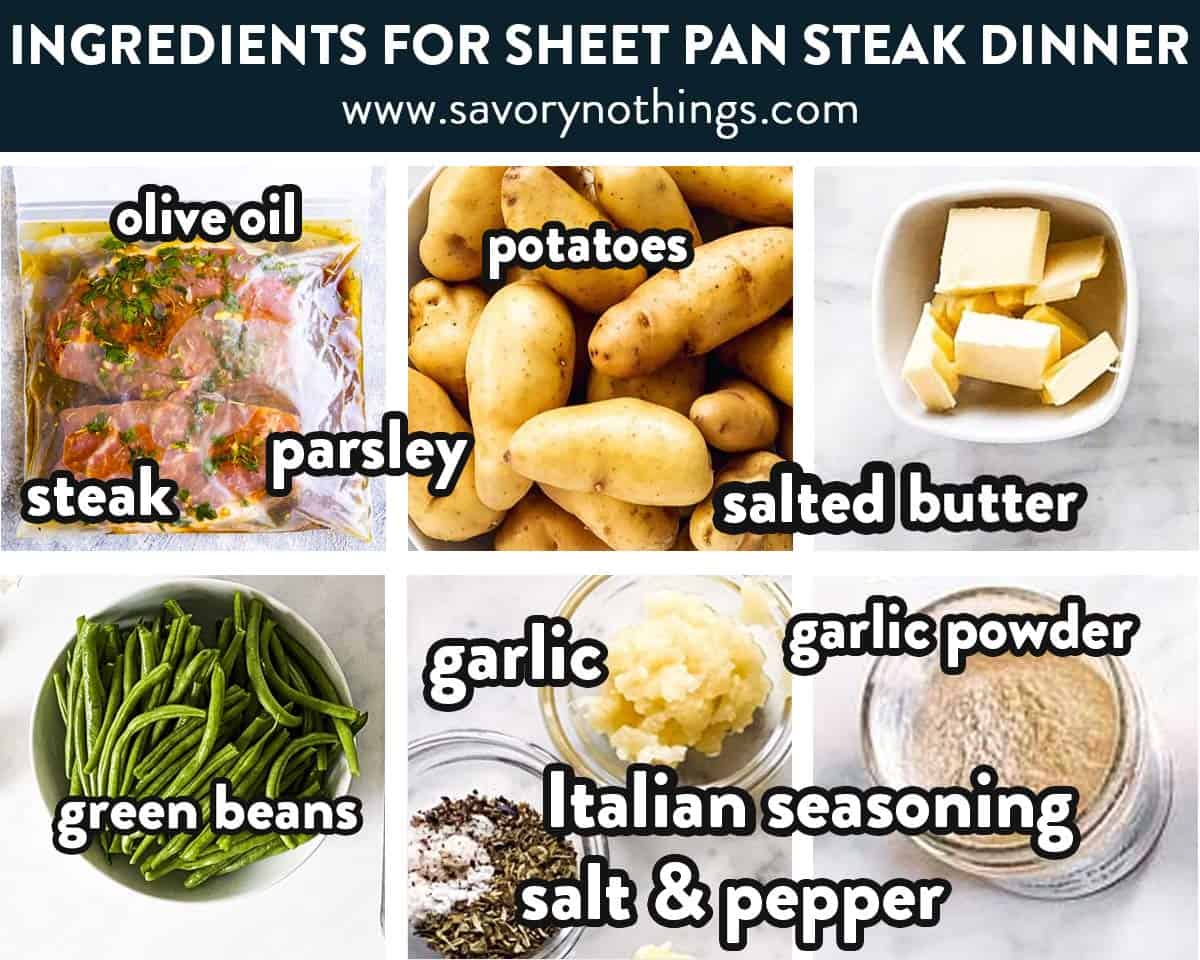 ingredients for steak and potato sheet pan dinner with text labels