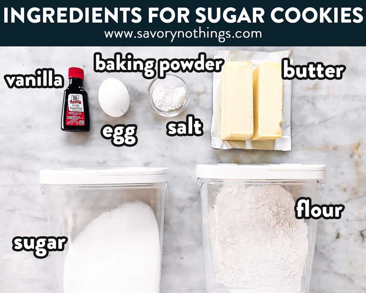 ingredients for sugar cookies with text labels