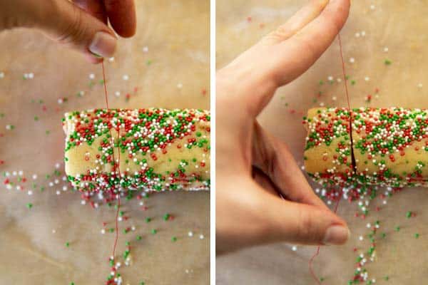 slicing pinwheel cookies with a piece of sewing thread