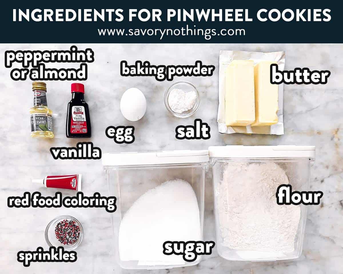 ingredients for Christmas pinwheel cookies with text labels