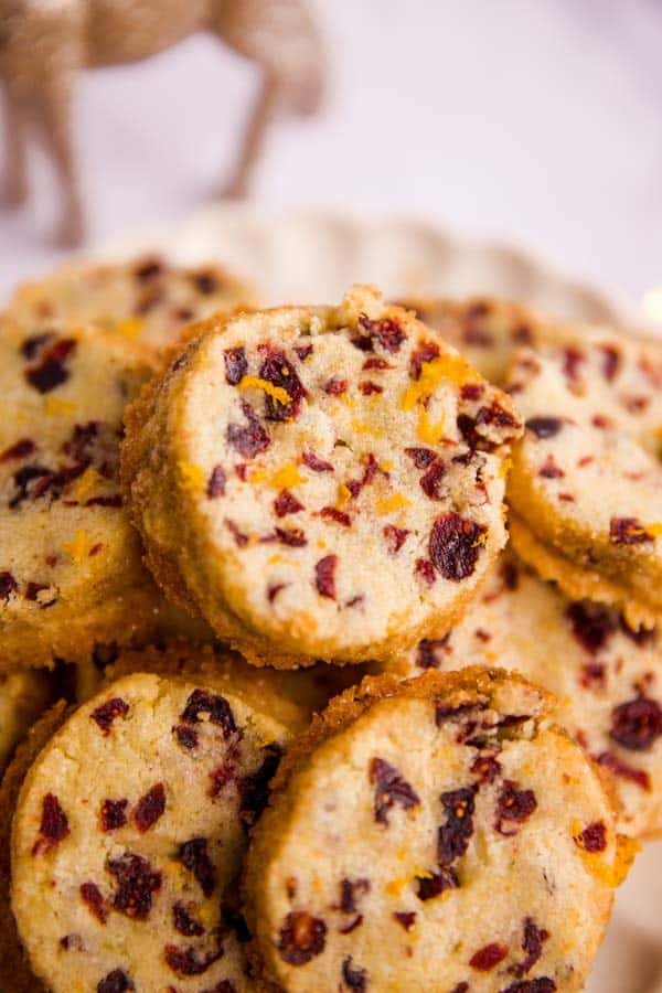 close up photo of a cranberry shortbread cookie