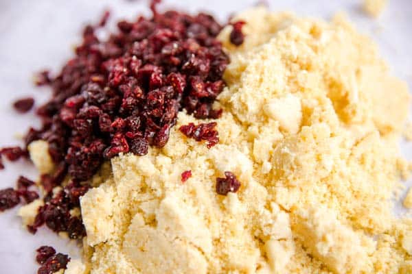 crumbly shortbread mix with chopped cranberries