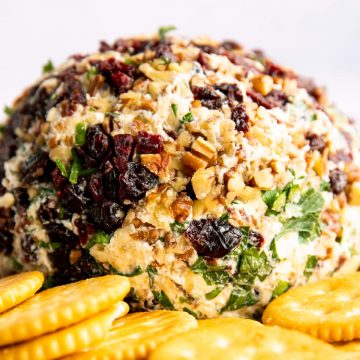 cheeseball rolled in chopped pecans, dried cranberries and parsley sitting on a bed of Ritz crackers