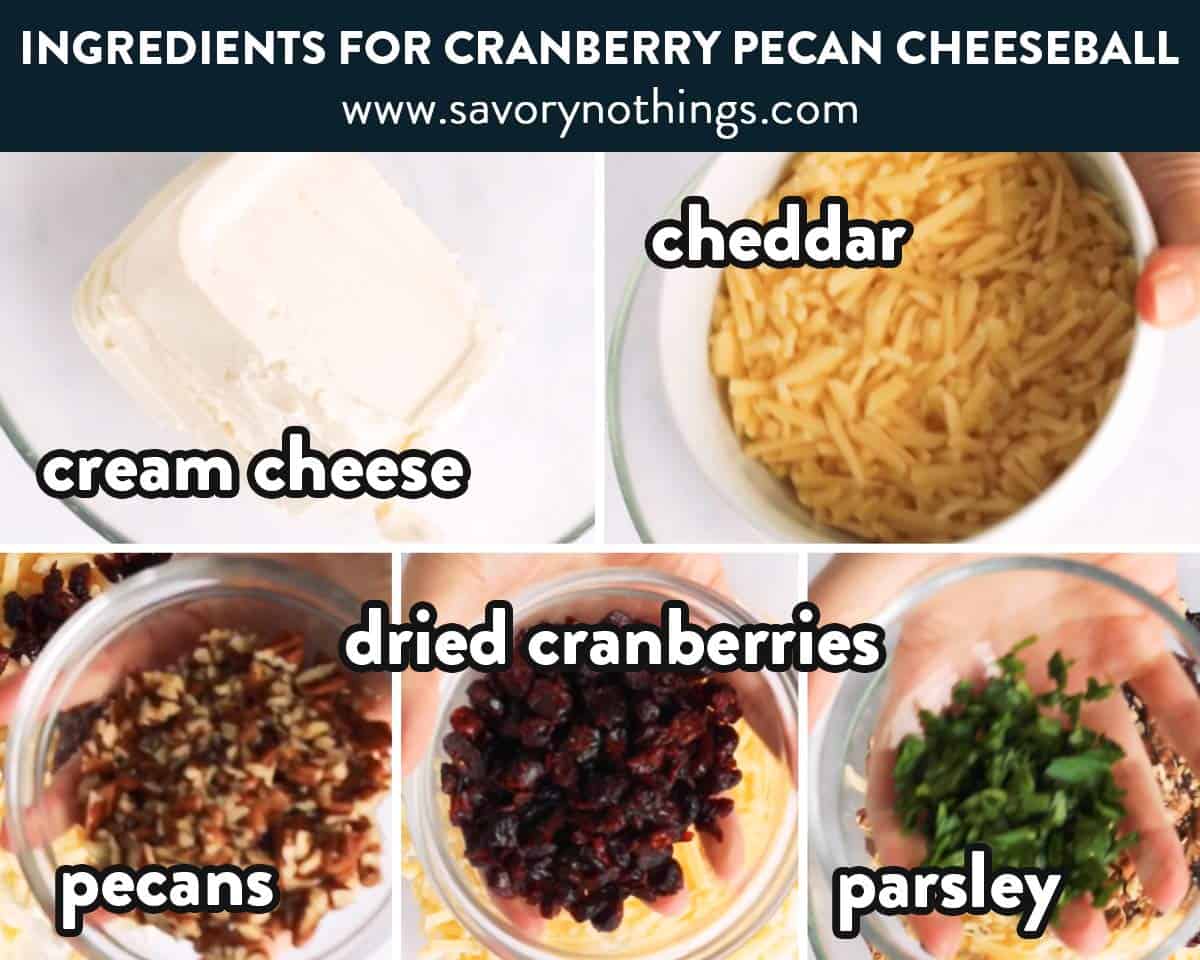 ingredients for cranberry pecan cheeseball with text labels