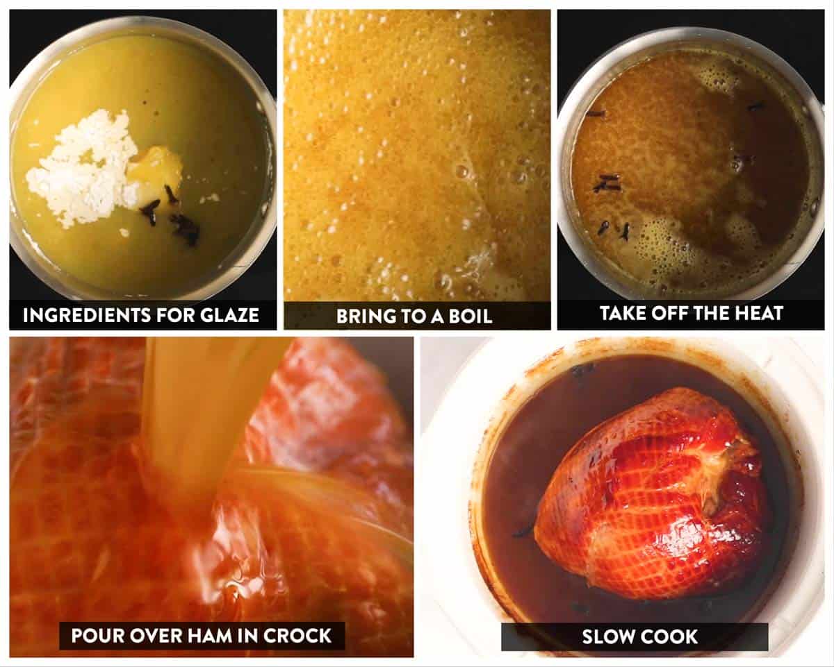 photo collage to show how to make a ham in the crockpot