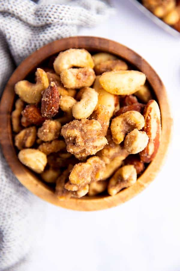 wooden bowl filled with party nuts