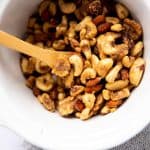 white crock filled with cinnamon nuts from the top down