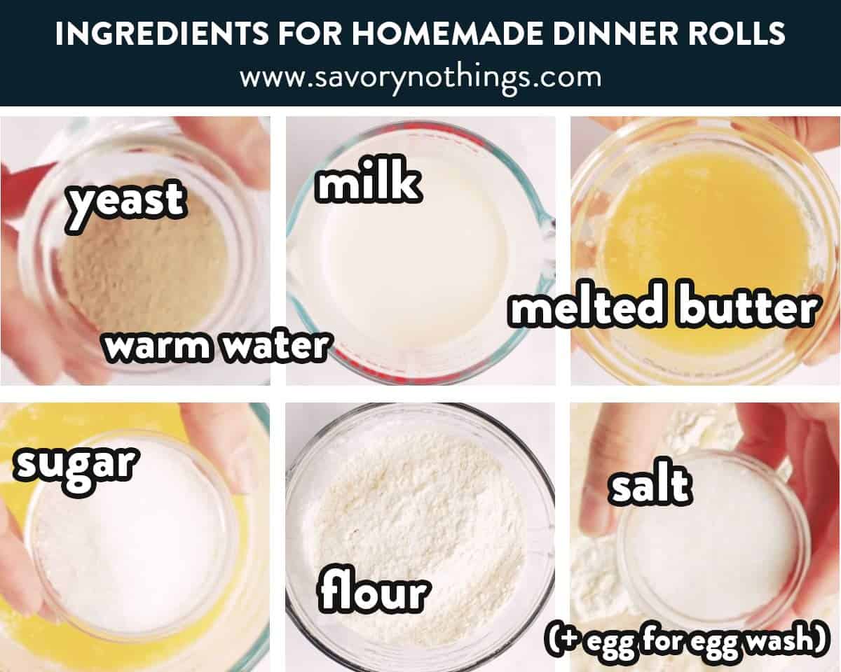 ingredients for homemade dinner rolls with text labels