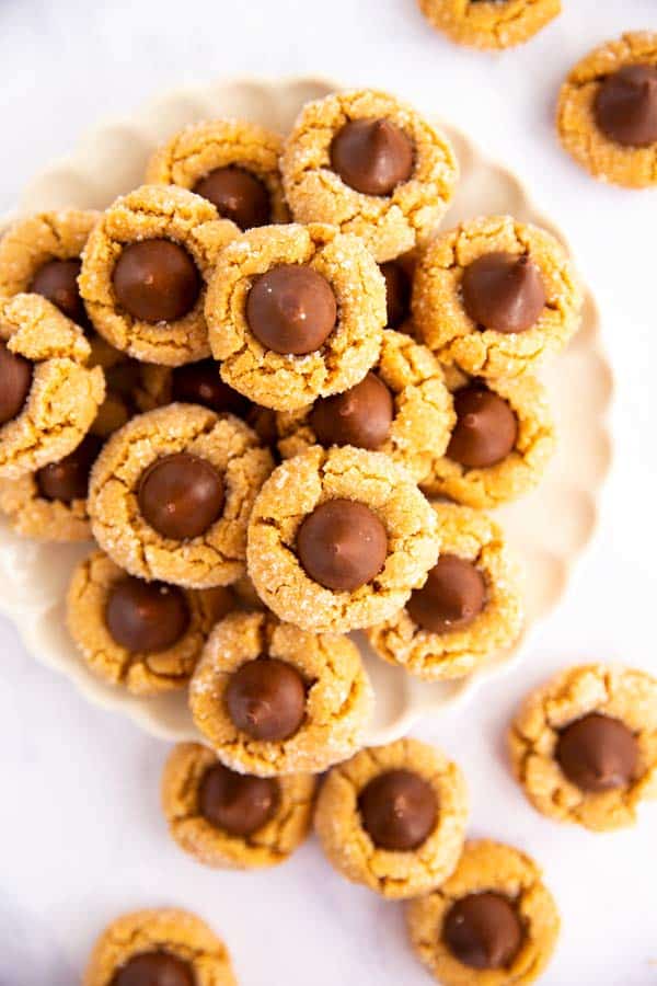 plate of peanut butter cookies with chocolate kisses from the top down