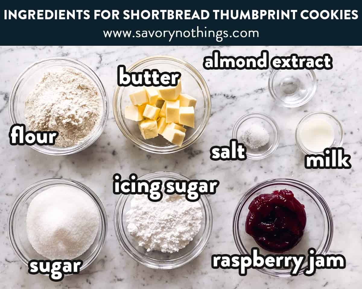 ingredients for shortbread thumbprint cookies with text labels