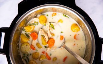 top down view of an instant pot filled with turkey rice soup