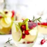 Tumblr with white sangria filled with apple, lime, pomegranate and cranberries