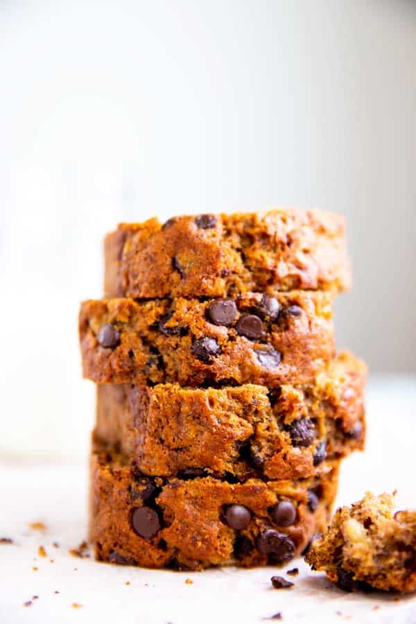 stack of banana bread slices in a light environment