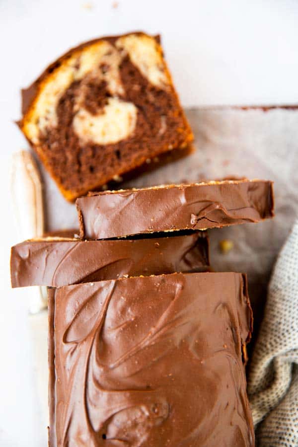 top down view on sliced chocolate marble pound cake