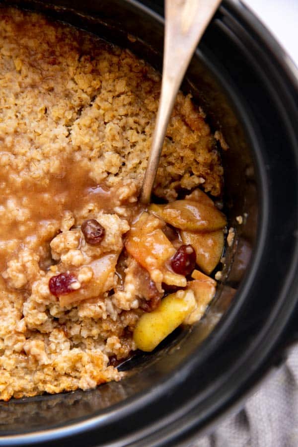 top down view of crock filled with oatmeal