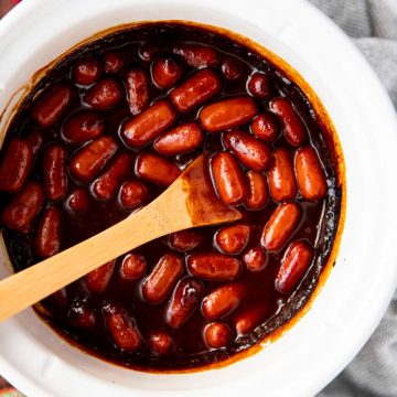 overhead view of BBQ little smokies in crockpot