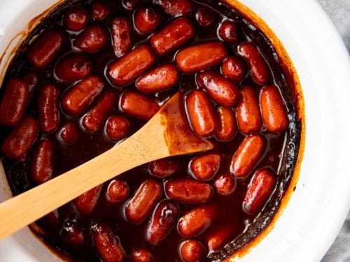 overhead view of BBQ little smokies in crockpot