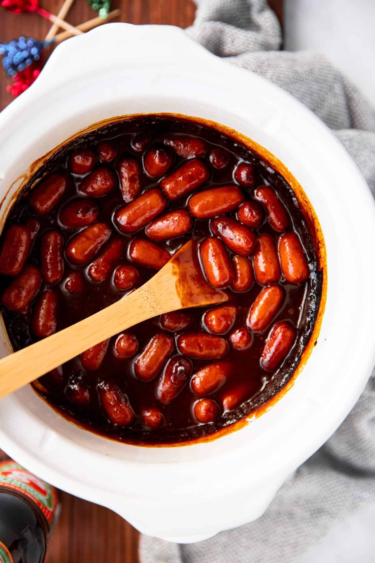 overhead view of BBQ little smokies in crockpot