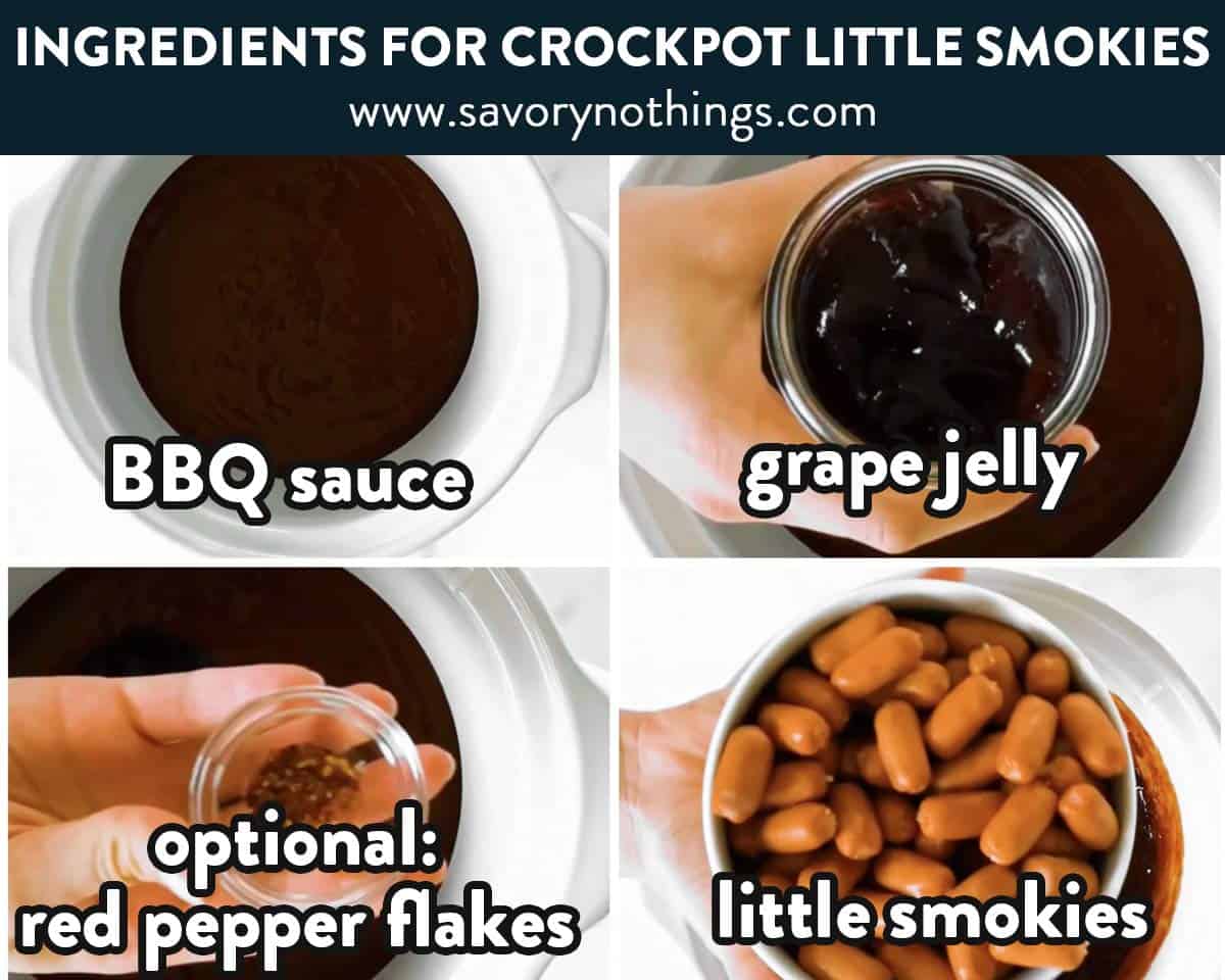 ingredients for crockpot bbq little smokies with text labels