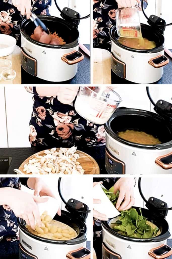 step by step photo collage for slow cooker chicken gnocchi soup