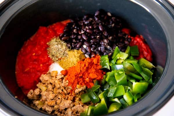 ingredients for turkey chili in a crock pot