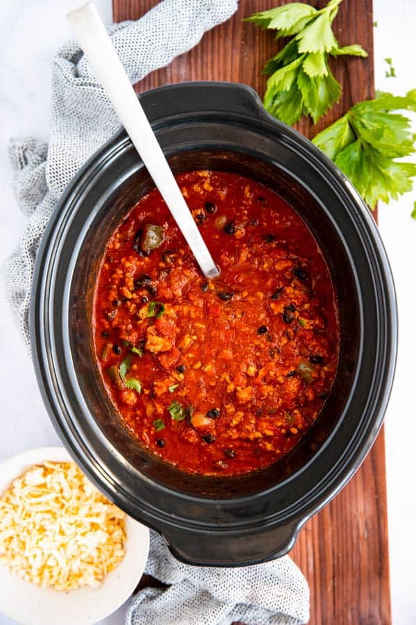 top down view on crock filled with chili