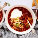 three bowls of turkey chili from the top down