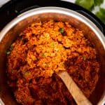 top down view on instant pot filled with Mexican rice