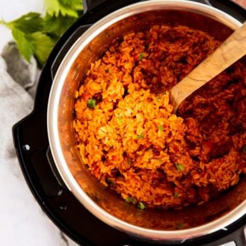 top down view on an instant pot filled with Mexican rice