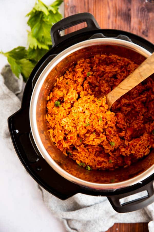 top down view on an instant pot filled with Mexican rice