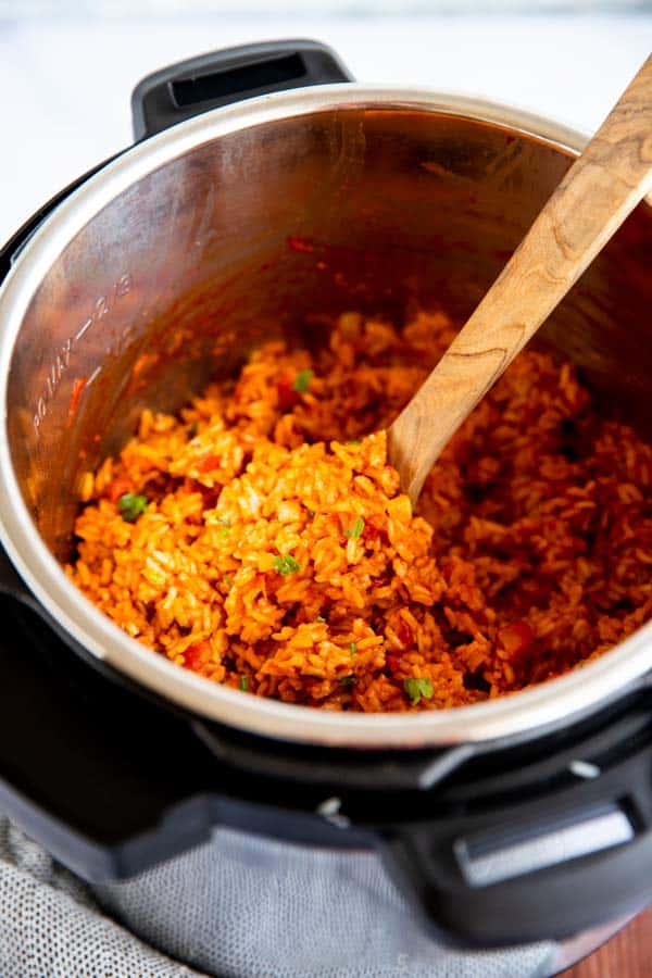 close up view of Mexican rice in pressure cooker