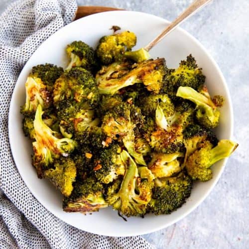 top down view on plate with broccoli side dish