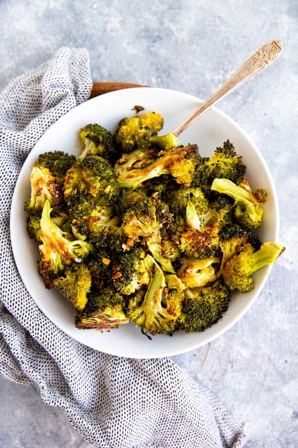 top down view on plate with broccoli side dish