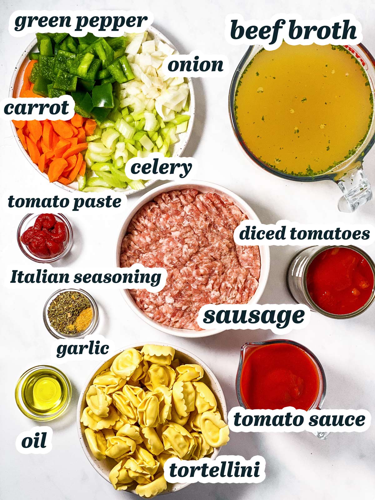 ingredients for sausage tortellini soup with text labels