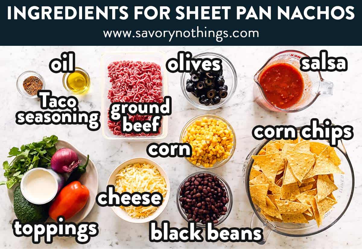 ingredients for sheet pan nachos with text labels