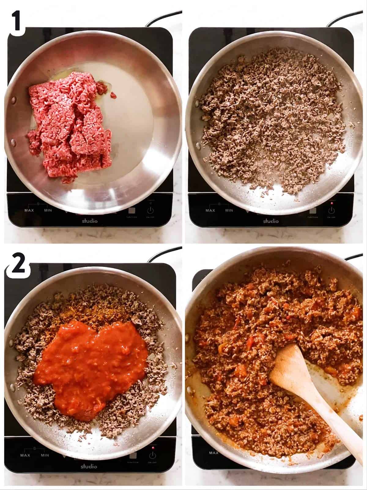 photo collage to show how to make beef mixture for nachos