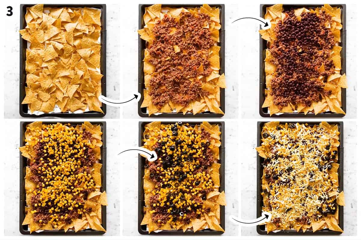 photo collage to show how to assemble sheet pan nachos