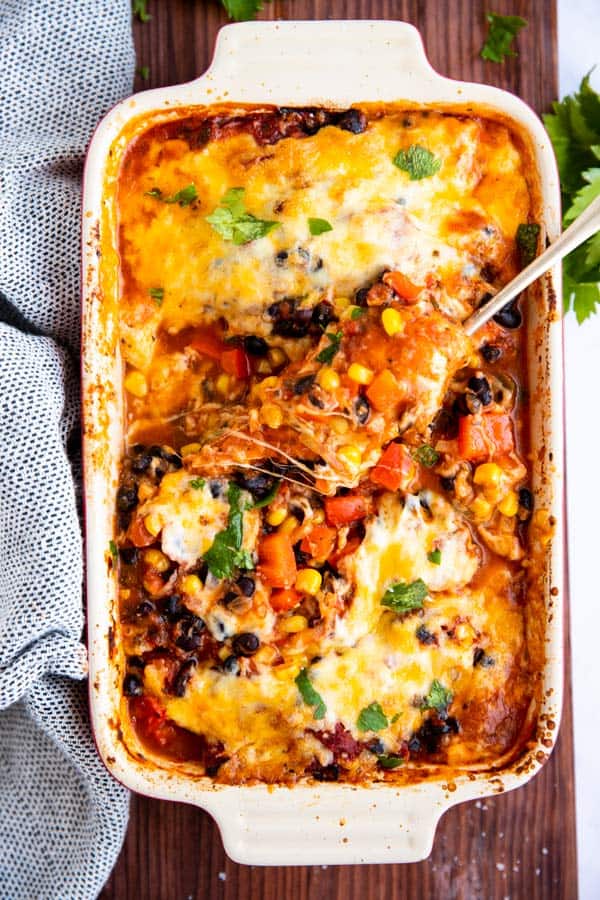 casserole dish with southwestern baked chicken form the top down