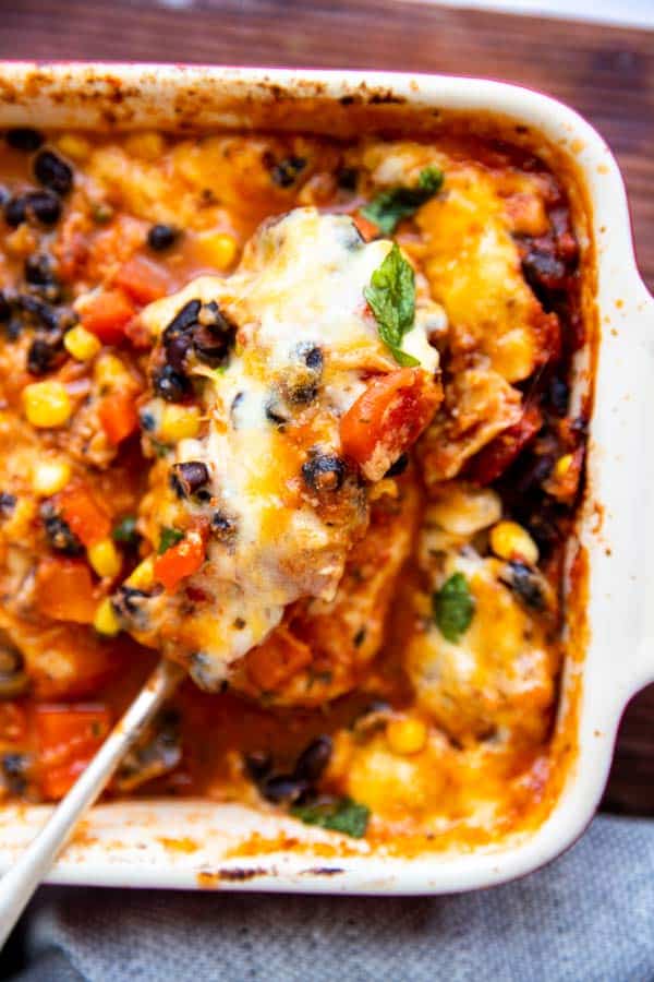 overhead close up view of casserole dish with southwestern baked chicken