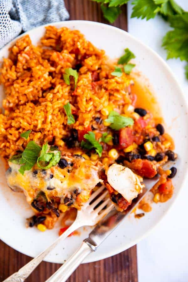 top down view on plate with Mexican rice and southwestern chicken