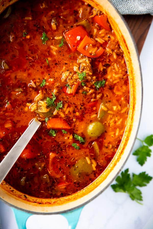 close up photo of a pot with stuffed pepper soup