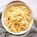 top down view on a plate with fettuccine alfredo