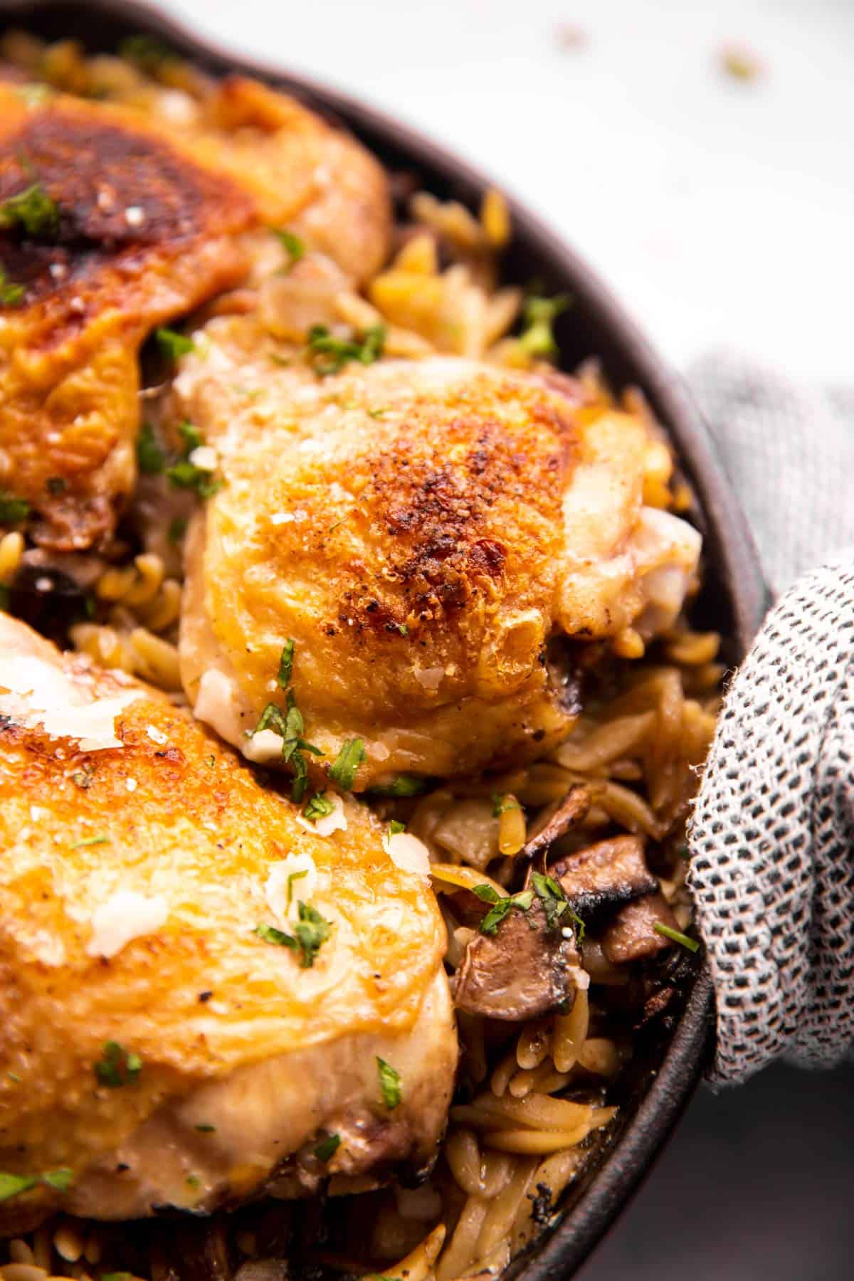 close up photo of browned chicken thigh on top of mushroom orzo
