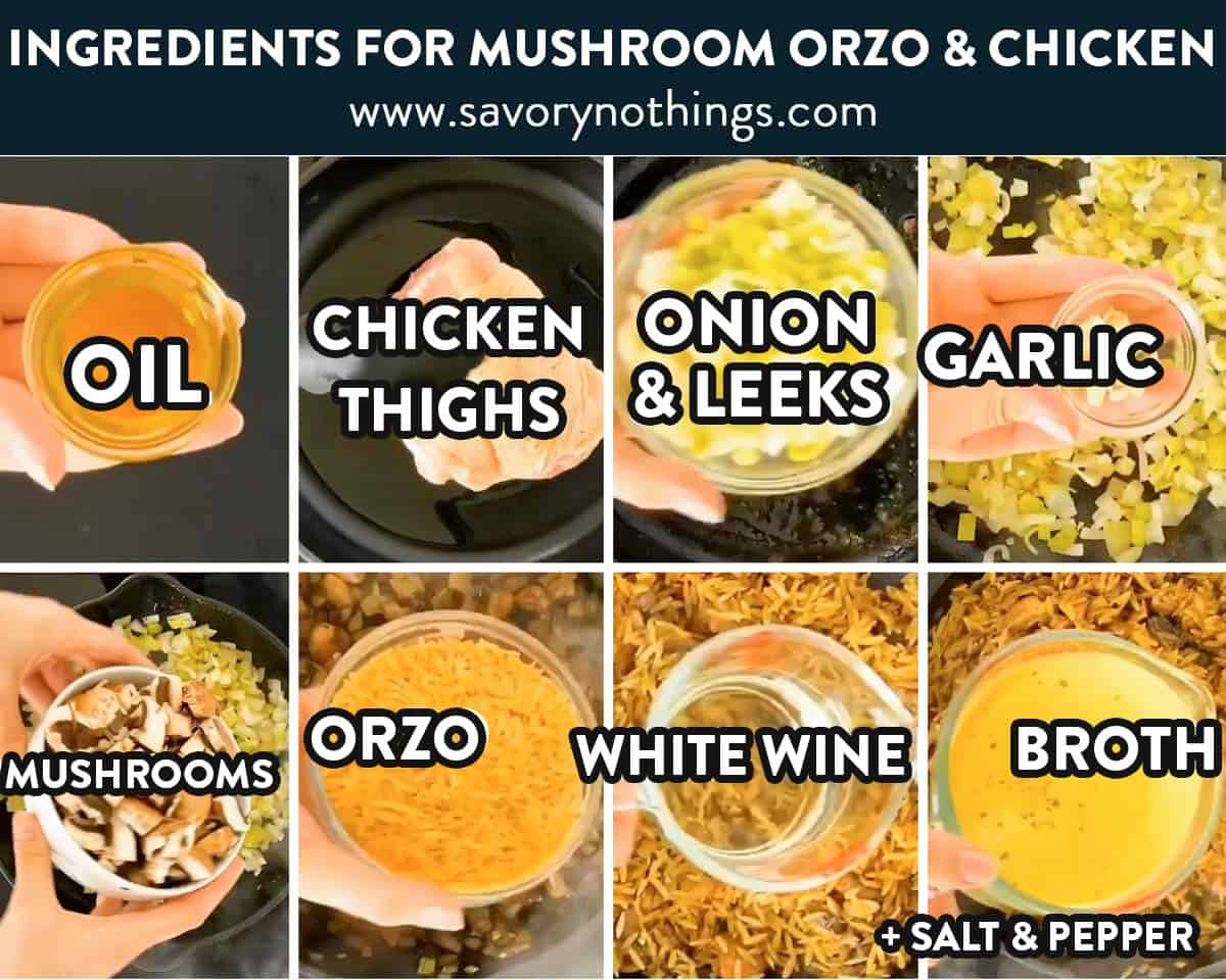ingredients fro chicken and mushroom orzo with text labels